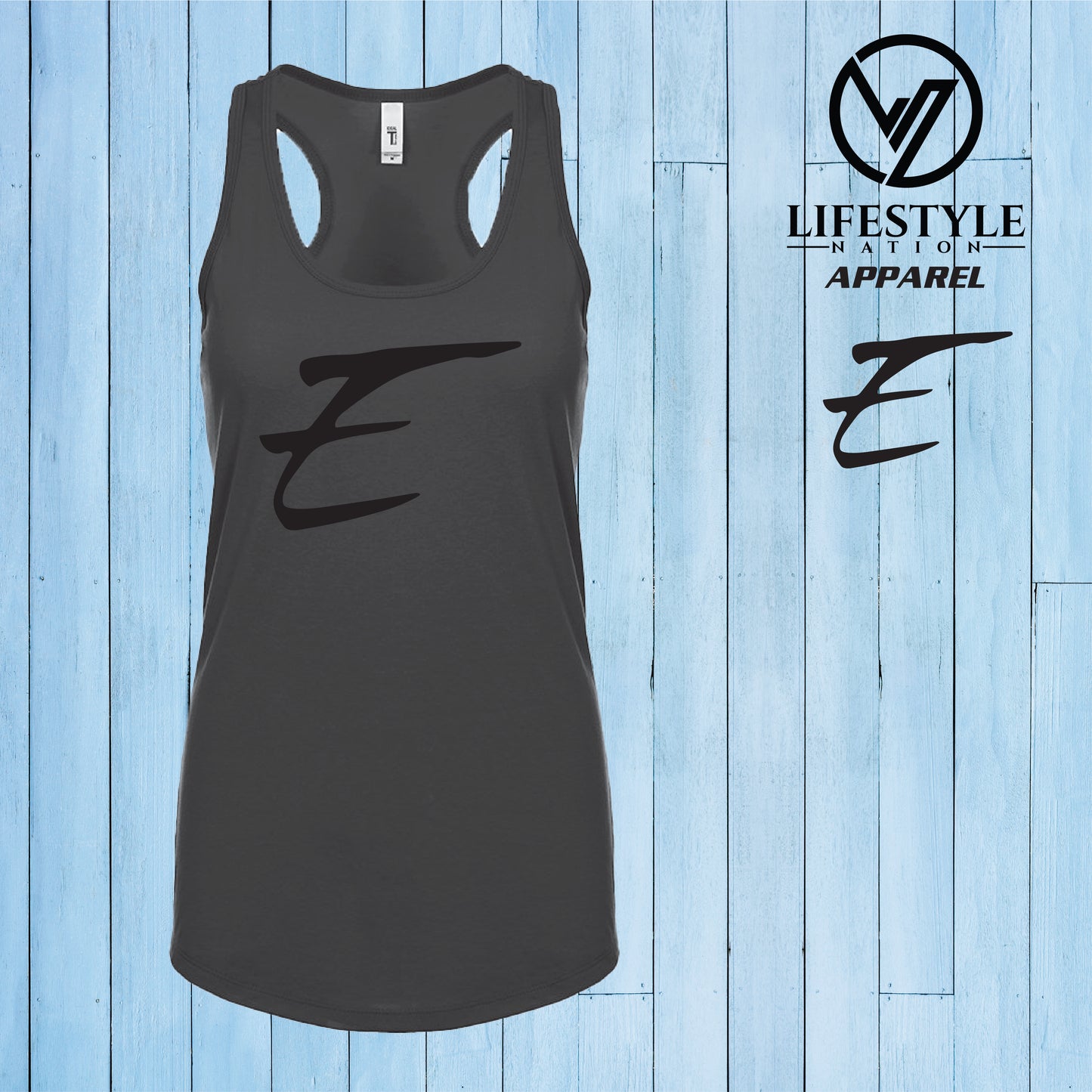 Female Racer Back Eden Tank Top with Black E - Pick Color