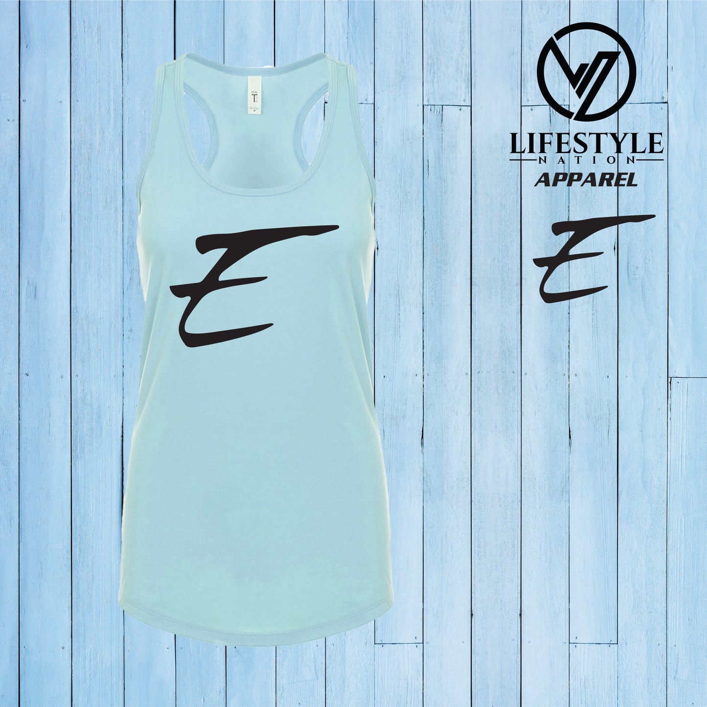 Female Racer Back Eden Tank Top with Black E - Pick Color