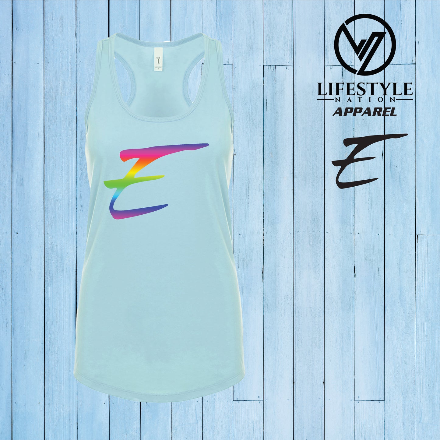 Female Racer Back Eden Tank Top with Rainbow E - Pick Color