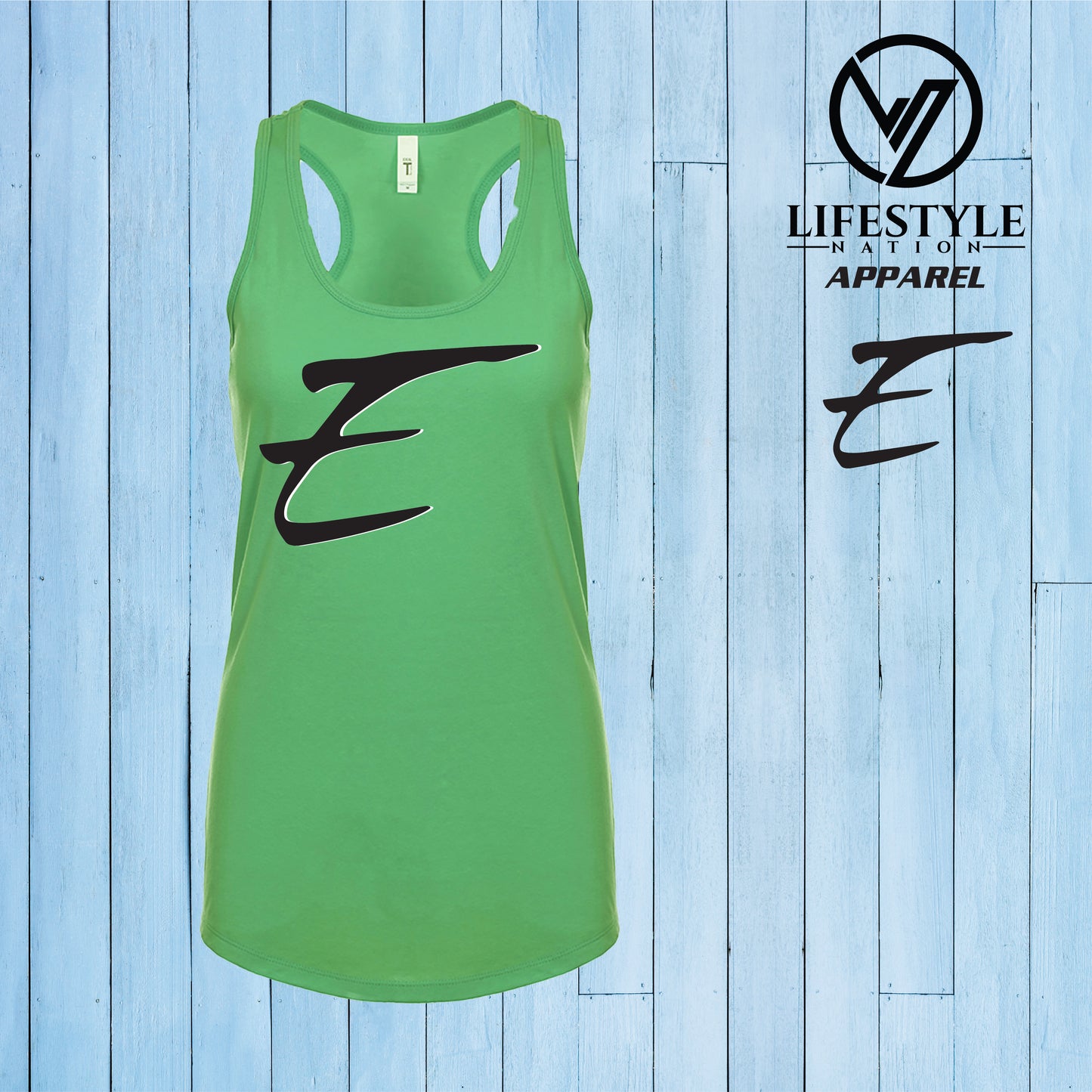 Female Racer Back Eden Tank Top with Black E - Pick Color