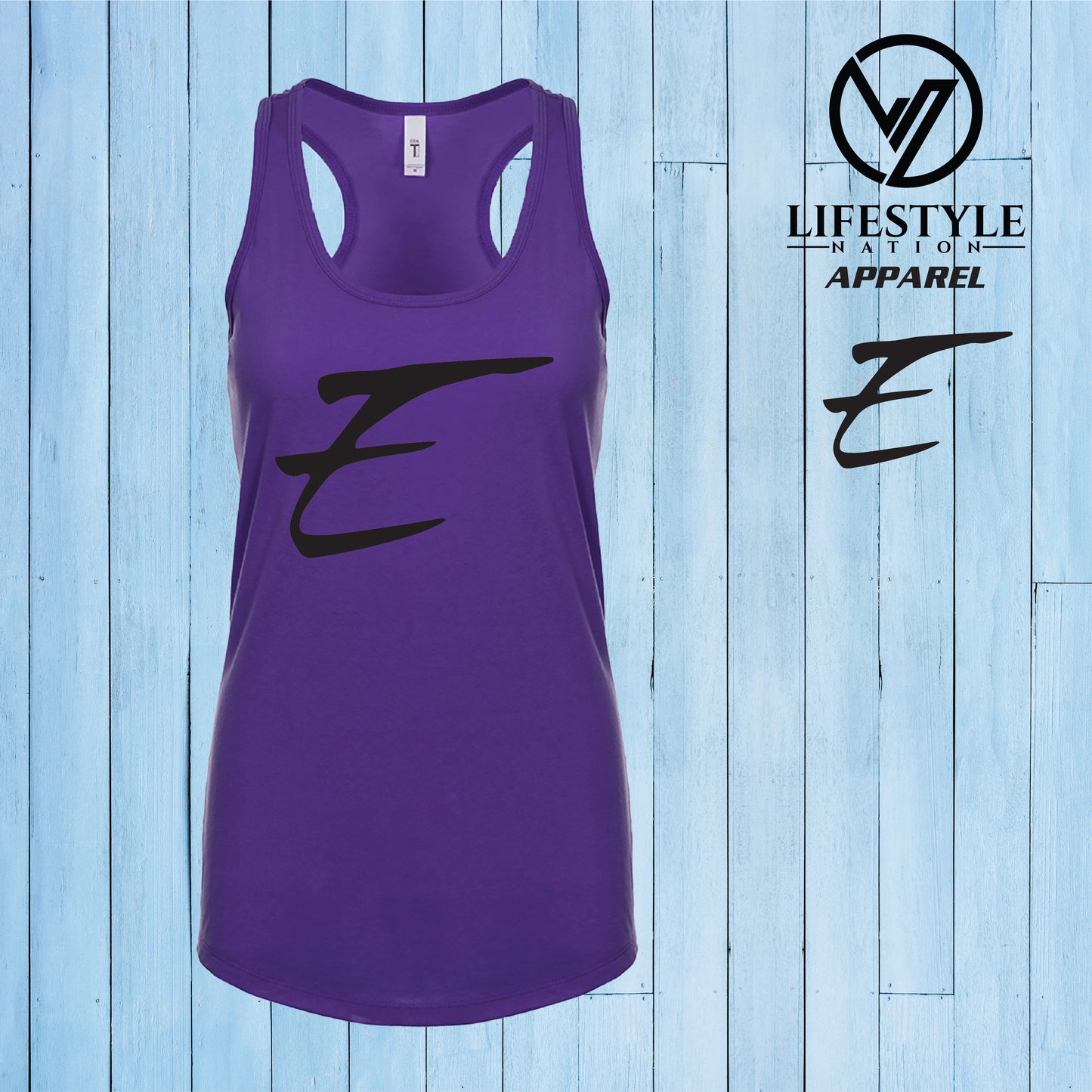 Female Racer Back Eden Tank Top with Black E - Pick Color