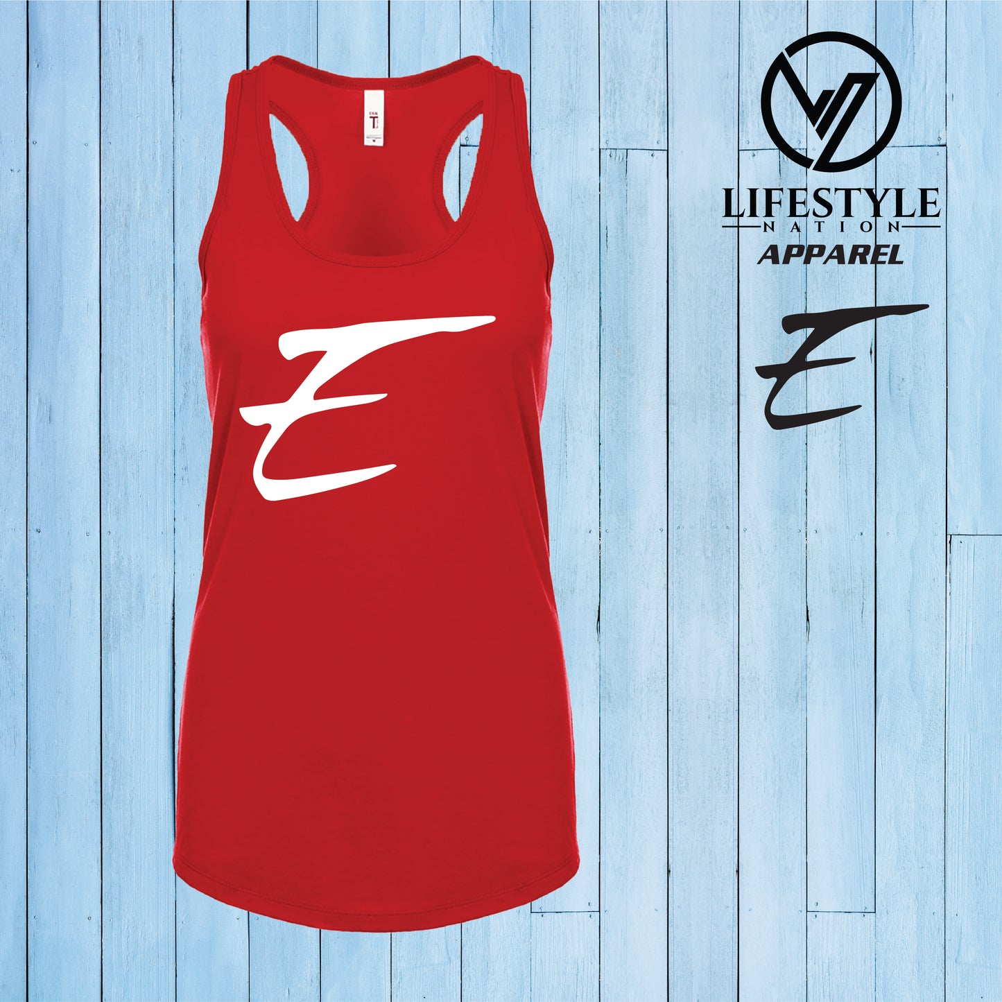 Female Racer Back Eden Tank Top with White E - Pick Color