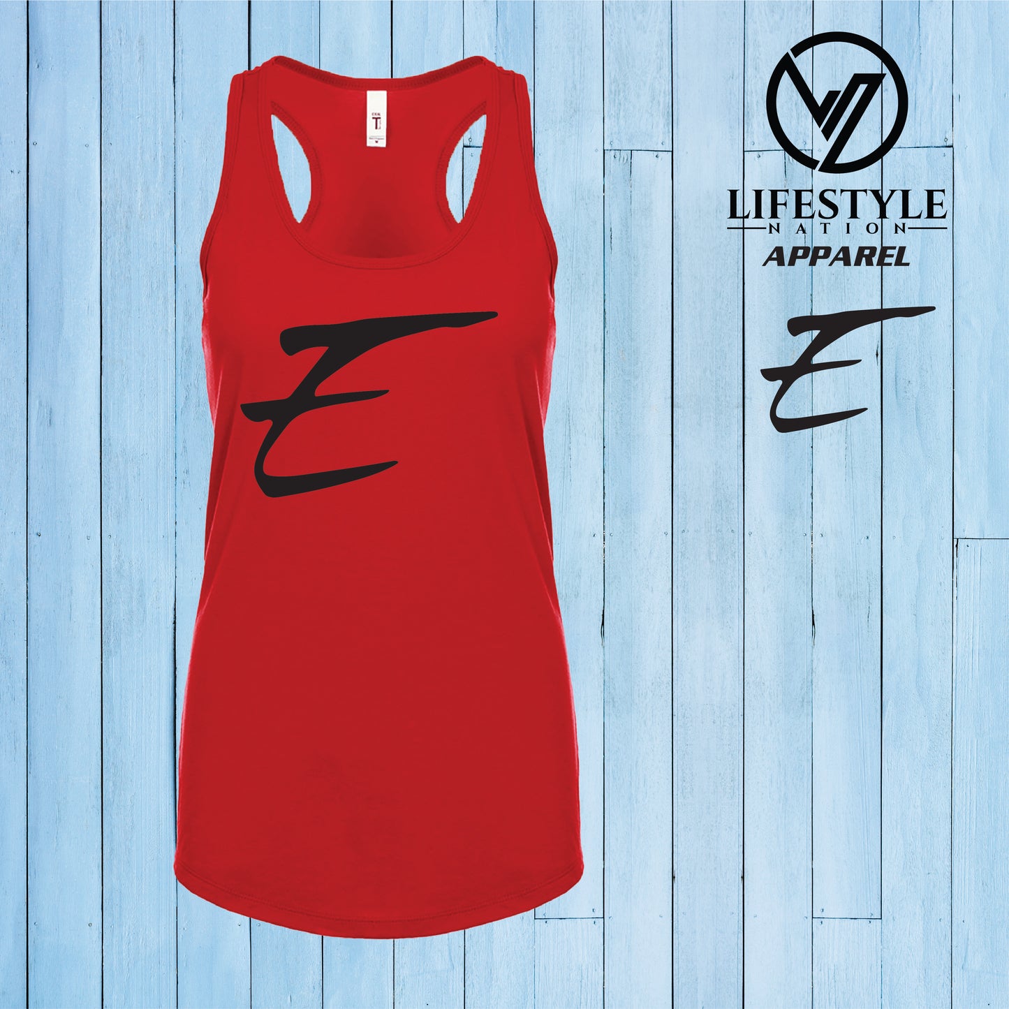 Female Racer Back Eden Tank Top with Black E - Pick Color