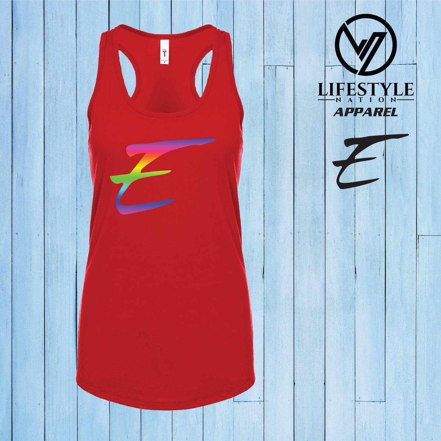 Female Racer Back Eden Tank Top with Rainbow E - Pick Color