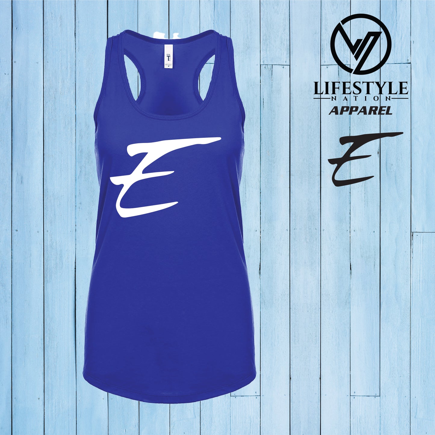 Female Racer Back Eden Tank Top with White E - Pick Color