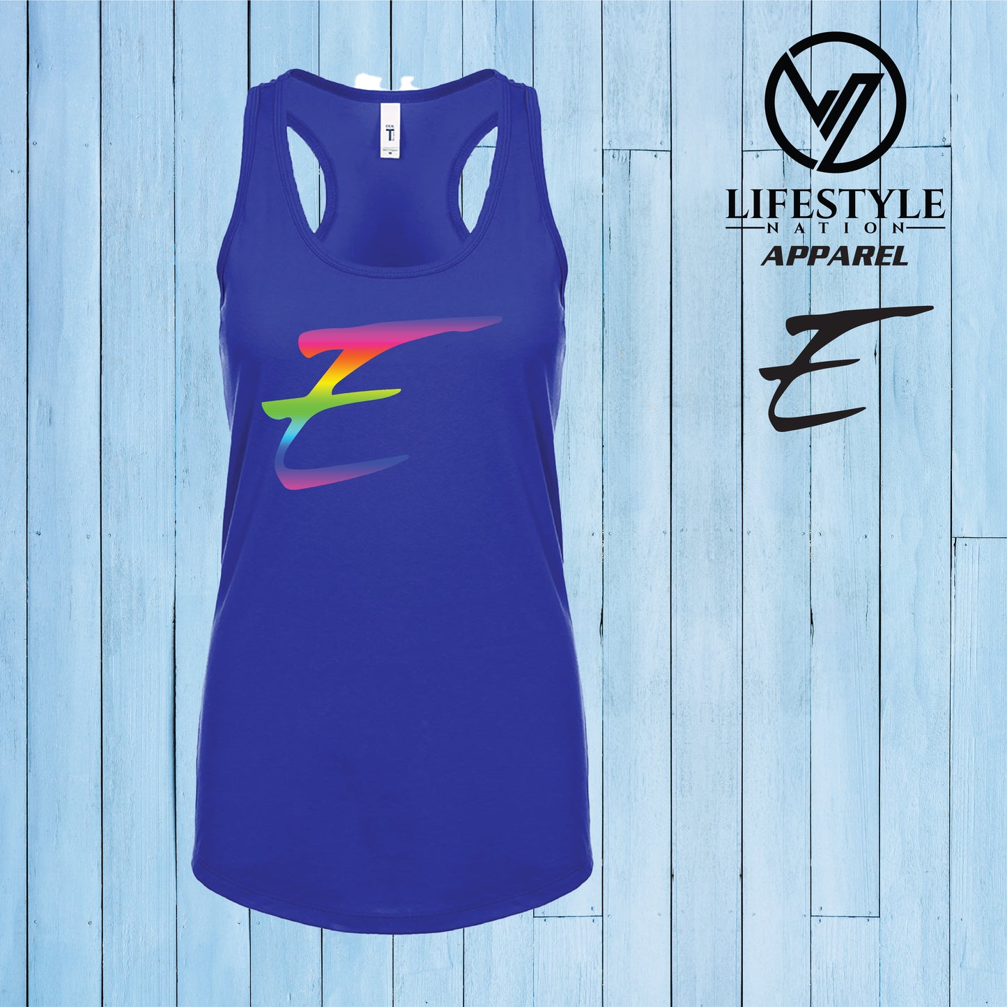 Female Racer Back Eden Tank Top with Rainbow E - Pick Color
