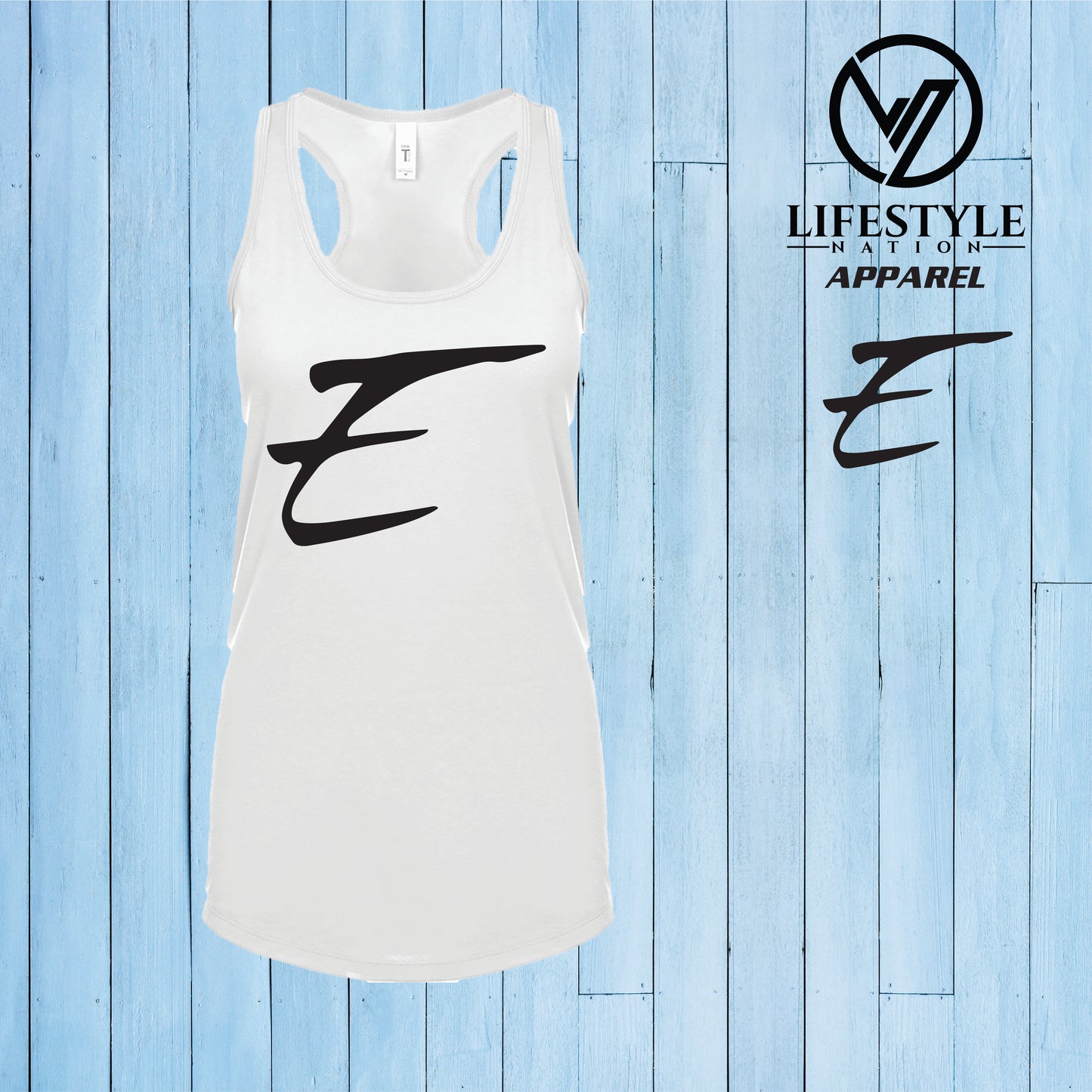 Female Racer Back Eden Tank Top with Black E - Pick Color
