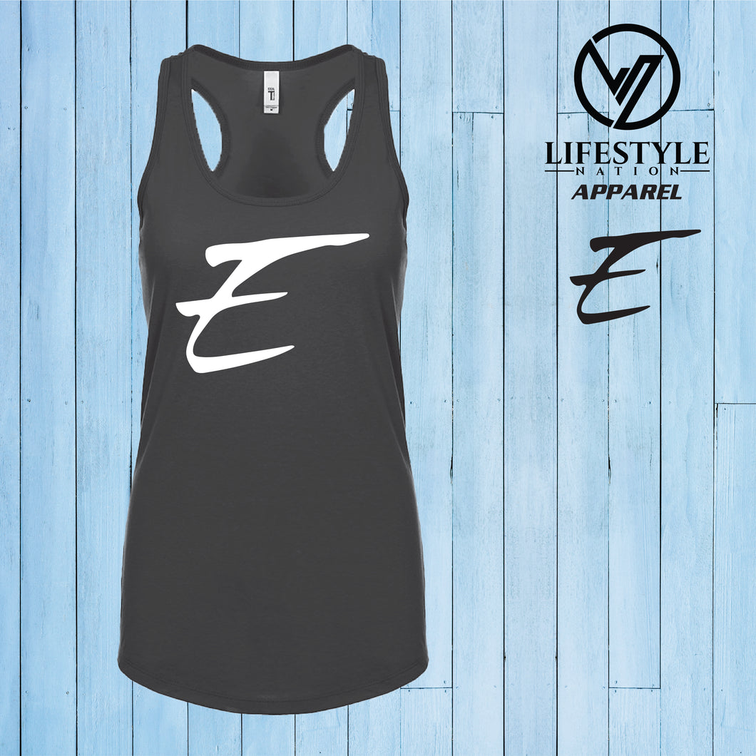 Female Racer Back Eden Tank Top with White E - Pick Color