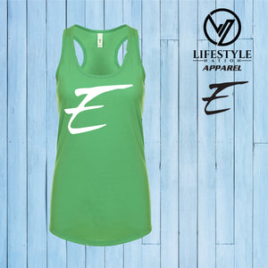 Female Racer Back Eden Tank Top with White E - Pick Color