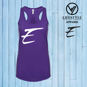 Female Racer Back Eden Tank Top with White E - Pick Color