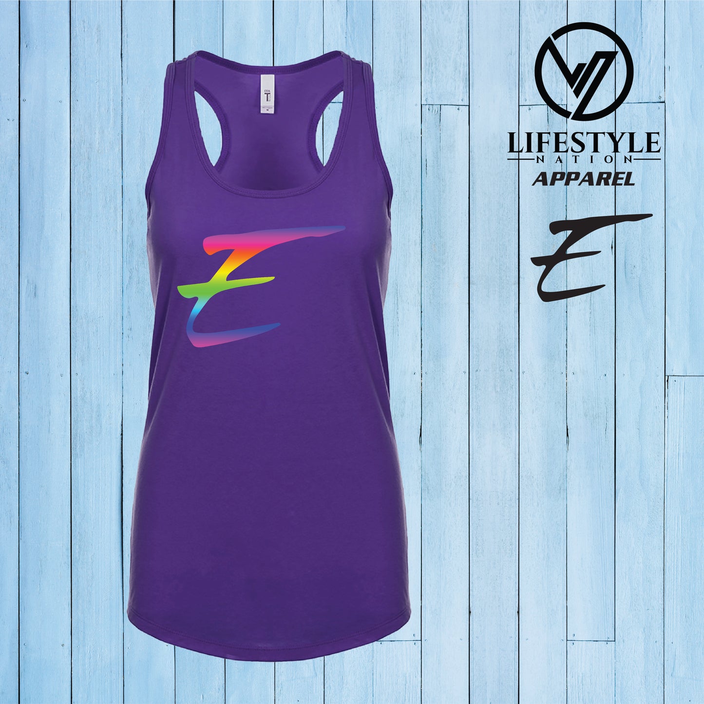 Female Racer Back Eden Tank Top with Rainbow E - Pick Color